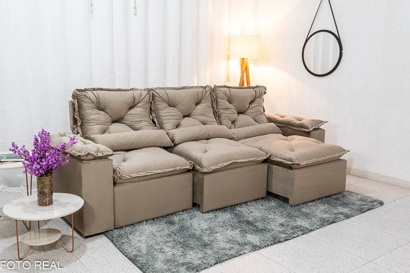 Sofá Retrátil Reclinável 2.70m Texas Veludo Bege - Móveis furniture