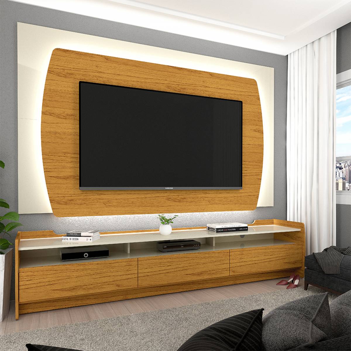 Painel Sublime 180 + Rack Sublime 180 Off White/Naturale - Móveis furniture