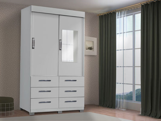 Guarda-Roupa Buzios 2 portas de correr com espelho 6 gavetas – Branco - Móveis furniture