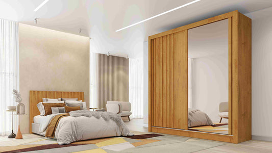 Roupeiro Lugano 2P sendo 1P Ripada e 1P com Espelho Peroba - Móveis furniture