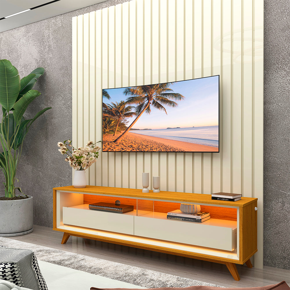 Conjunto Painel Nobre 140 Off White e Rack Requinte 128 Pes Madeira Naturale.Off Gelius - Móveis furniture