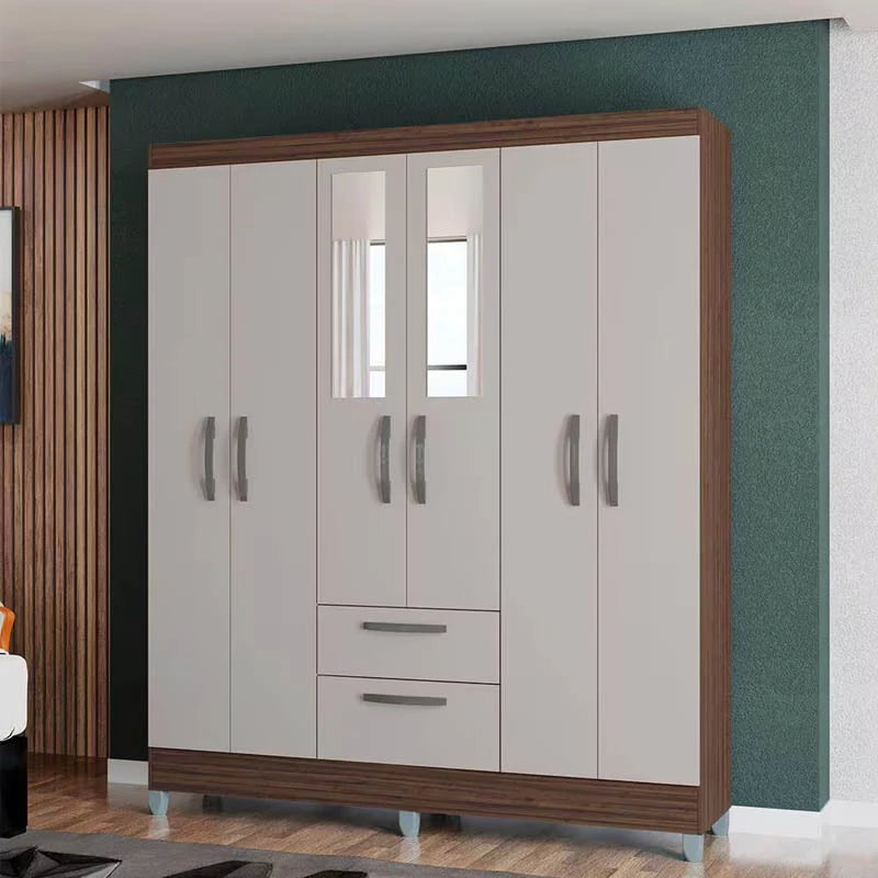 Roupeiro Multi 6 Portas 2 Gavetas c/Espelho e Pés Larg. 1.48m Chocolate/Off Poquema - Móveis furniture