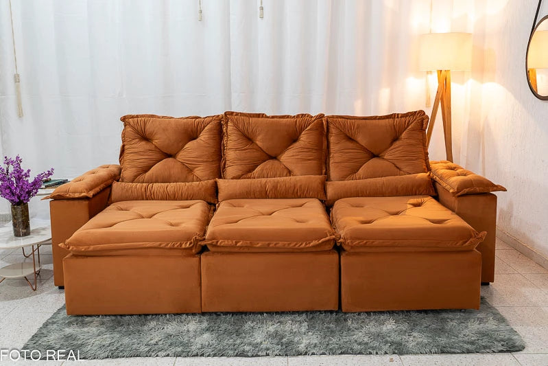 Sofá Retrátil Reclinável 2.70m Texas Veludo Terracota - Móveis furniture