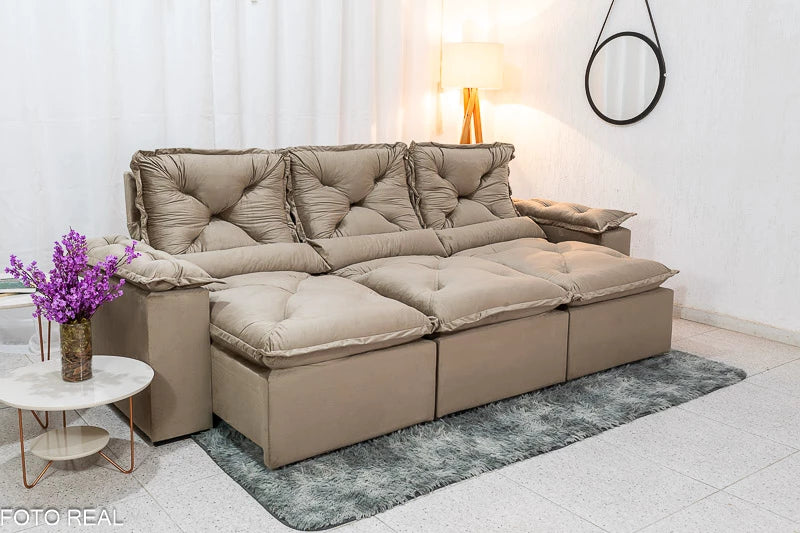 Sofá Retrátil Reclinável 2.70m Texas Veludo Bege - Móveis furniture