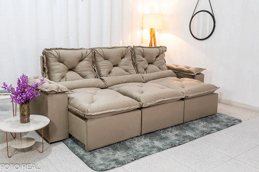 Sofá Retrátil Reclinável 2.70m Texas Veludo Bege - Móveis furniture