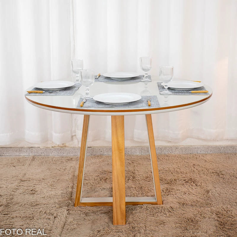 Mesa de Jantar Atlanta Tampo Redondo Vidro Off 120x120 Cinamomo/Off 100% MDF - Minas Plac