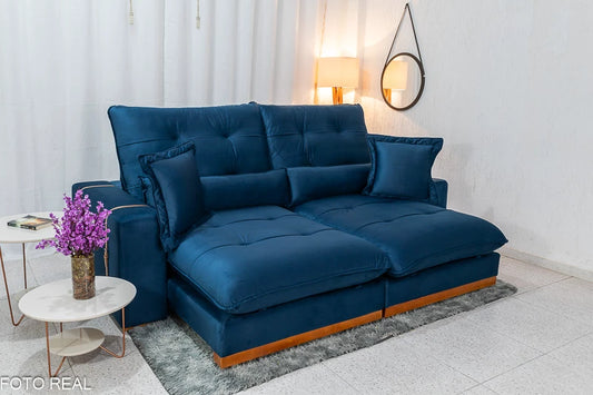 Sofá Retrátil Reclinável 2.50m Toronto Veludo Azul