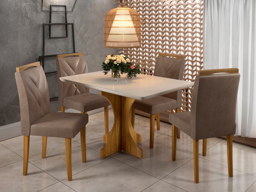 Mesa de Jantar Londres 0.90×0.90 Com 4 Cadeiras Califórnia – Cinamomo/Off White/Avelã