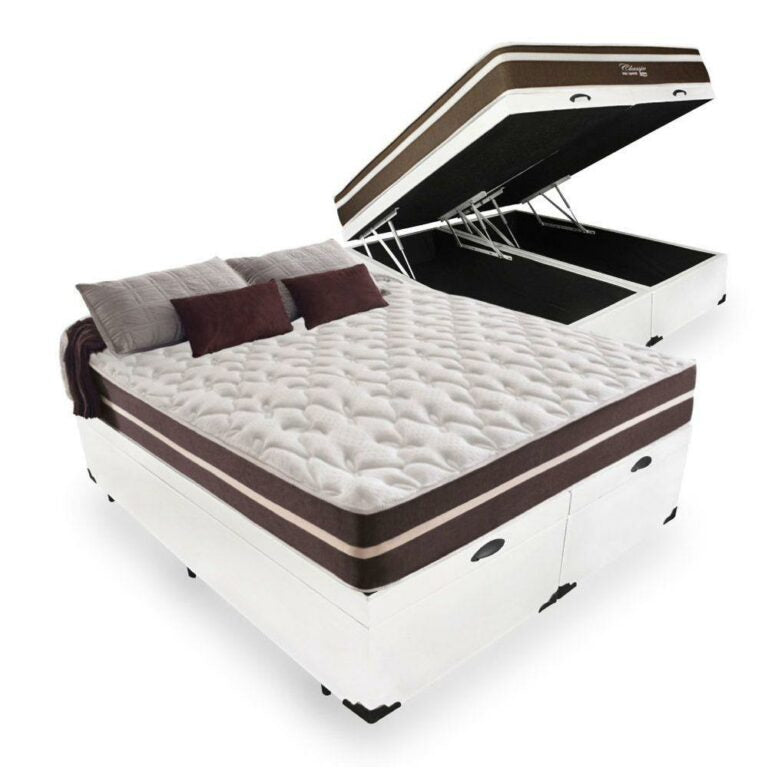 Colchão Queen Classic Superlastic D26 Marrom + Base Baú Avalon Branco – ANJOS + AVALON - Móveis furniture