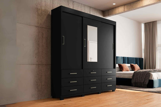 Guarda-Roupa Itapema  3 portas de correr com espelho 9 gavetas - preto