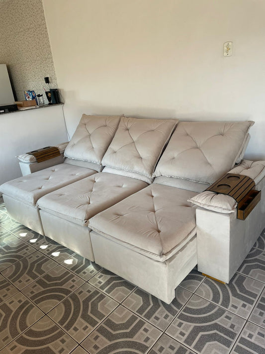 Sofá Retrátil Reclinável 2.70m Roma Veludo BEJE 21 - D28 Soft - Móveis furniture