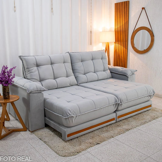 Sofá Retrátil Reclinável Barcelona 2.30m Veludo Prata  - D33 e Molas Ensacadas