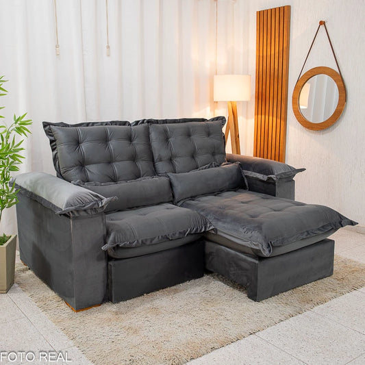 Sofá Retrátil Reclinável Maldivas 2.10m Veludo Grafite A15 - Espuma Pró Aditivada