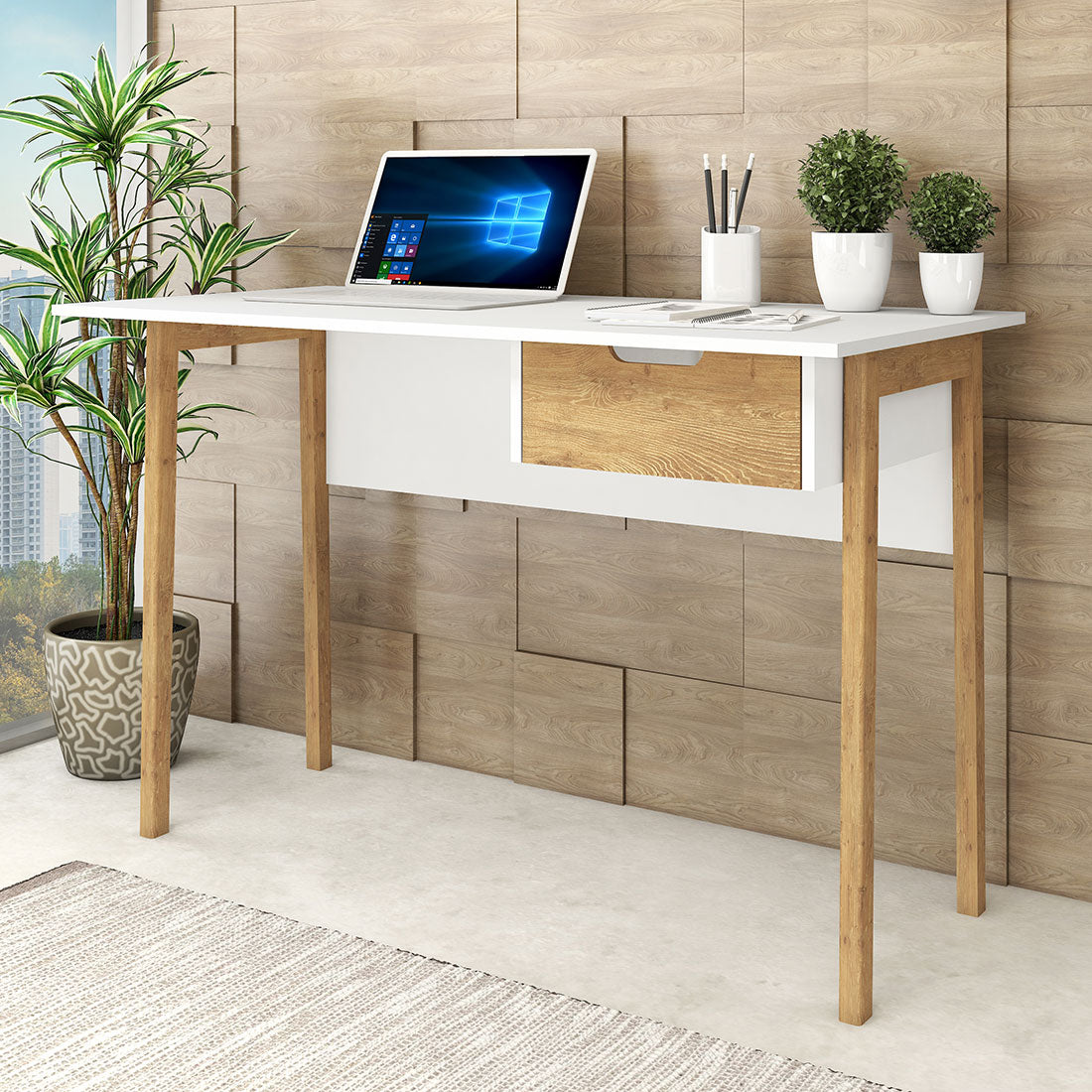 Mesa escritório 1 gaveta com pés de madeira - Móveis furniture