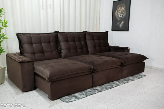 Sofá Retrátil Reclinável Atenas 3.20m Veludo Marrom 815 D33 e Molas Ensacadas