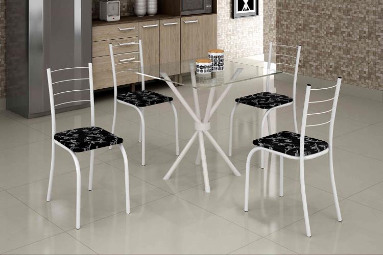 Conjunto Mesa Rio 70x70 Branco Tmp Vidro Quadrado com 4 Cds Branco.Lirio Preto Teixeira