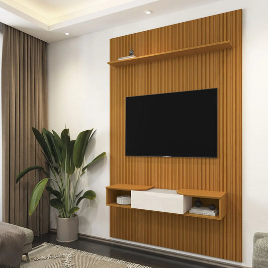 PAINEL EGEO 1.40 RIPADO 3D COM PRATELEIRA + NICHO VERSATTI 1.10, TV 55 POLEGADAS – EDN MÓVEIS