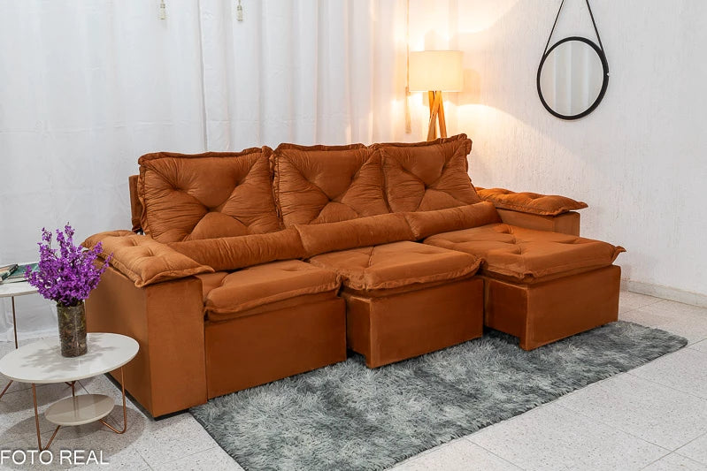 Sofá Retrátil Reclinável 2.70m Texas Veludo Terracota - Móveis furniture