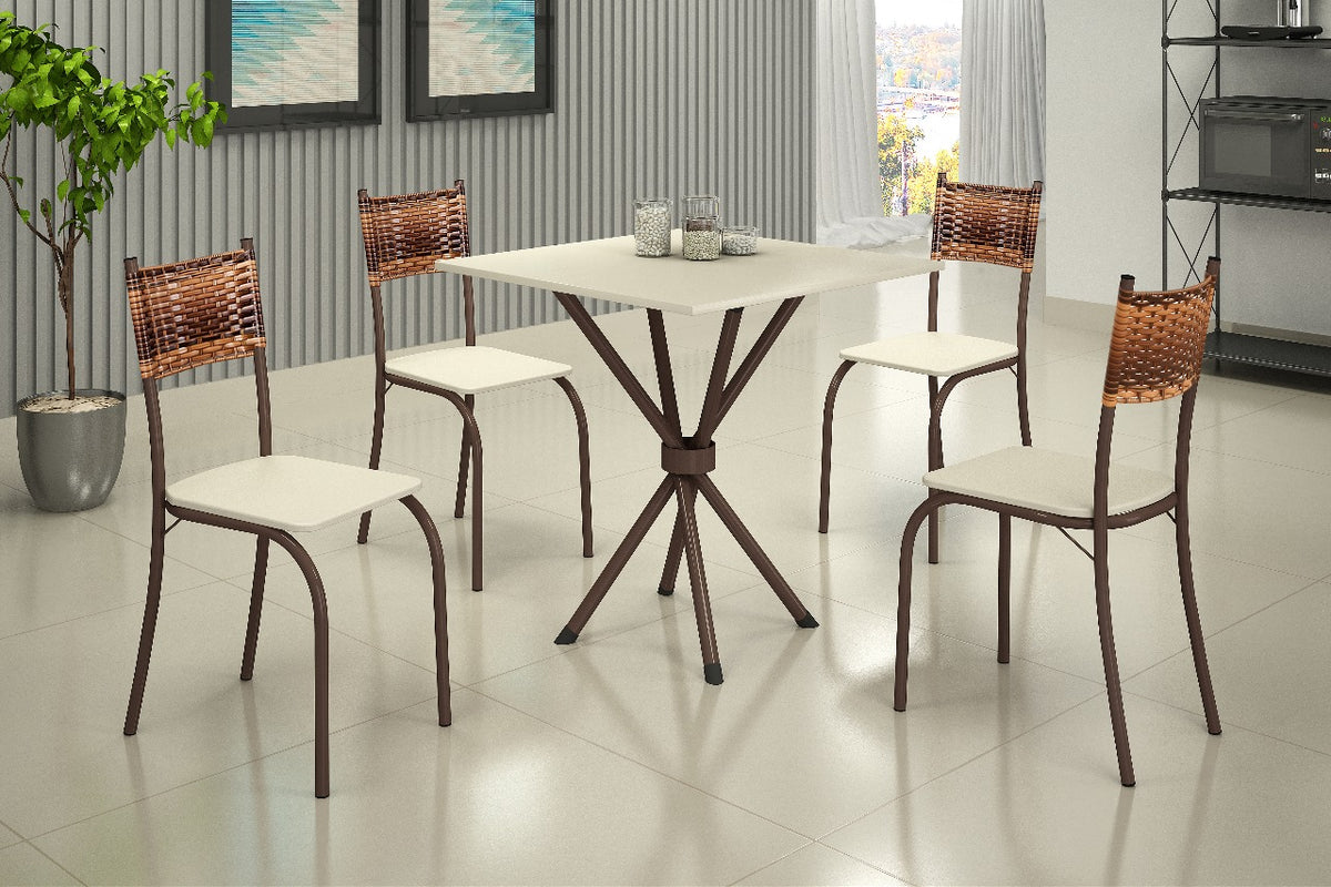 Conjunto Mesa Atlanta 70x70 Marrom Tmp Ardosia Off White e 4 Cadeiras Atlanta Marrom.Creme Teixeira