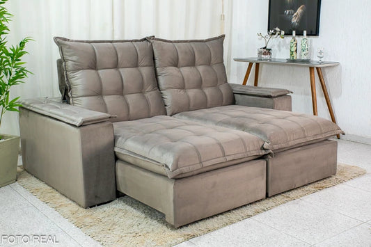 Sofá Retrátil Reclinável Atenas 2.10m Veludo Cinza 813 D33 e Molas Ensacadas - Móveis furniture