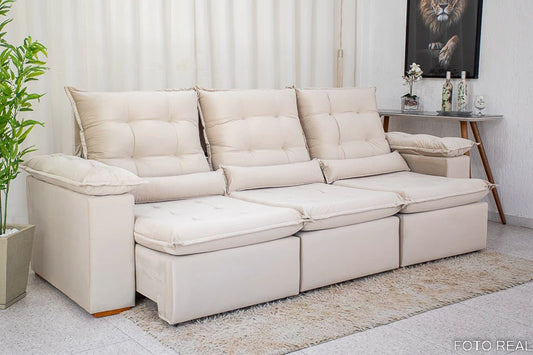 Sofá Retrátil Reclinável Madri 2.70m Veludo Bege - Móveis furniture
