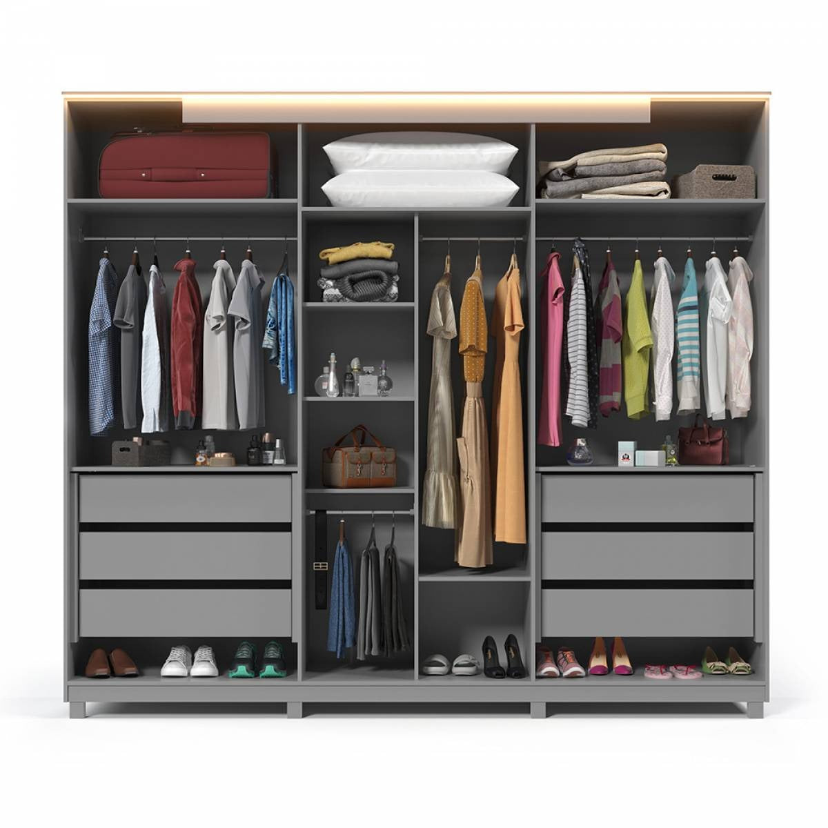 Roupeiro Inovacao 6P com Espelho e LED Pes Cinza.Off White Ripado Gelius - Móveis furniture