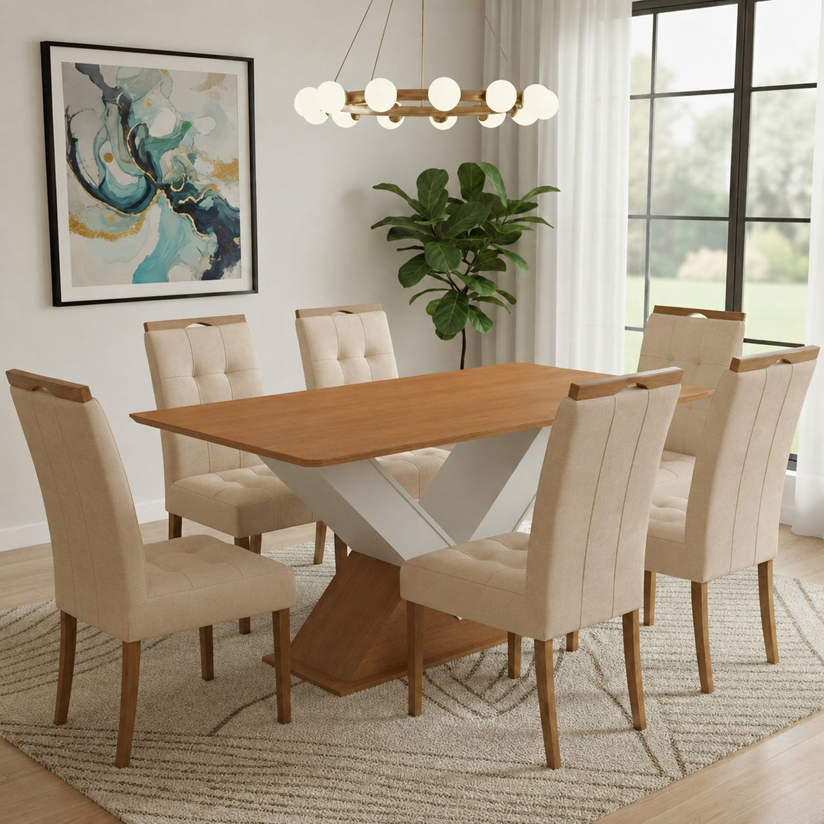 Mesa Amora BA35 160 (S/Vidro) Canela/Off White com 6 Cadeiras Sophia Veludo Bege – KAPPESBERG + WM DECOR