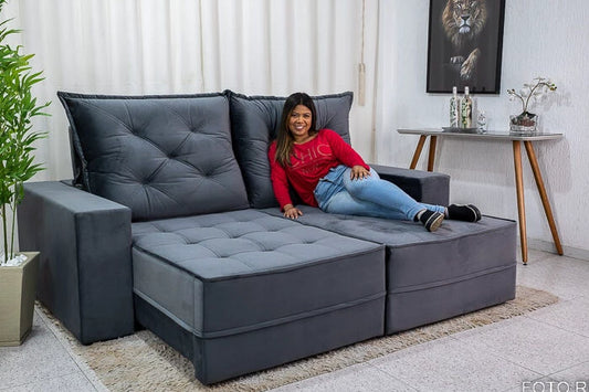 Sofá Retrátil Reclinável Berlim 2.50m Veludo Cinza - D33 e Molas Ensacadas - Móveis furniture