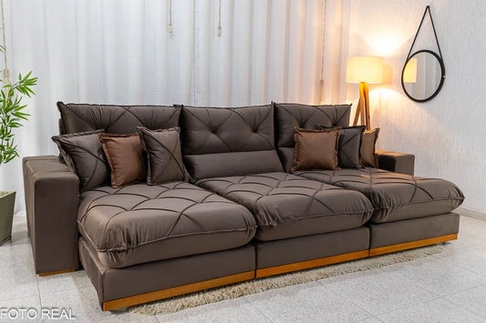 Sofá Retrátil Reclinável Gran Bello 3.20m Veludo Marrom - D33 e Molas Ensacadas