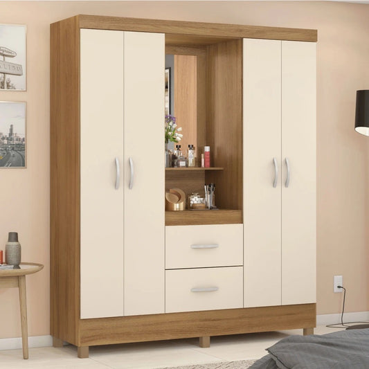 Guarda Roupa Capelinha Lord Solteiro com Espelho 4 Portas 3 Gavetas Demobile amêndoa off