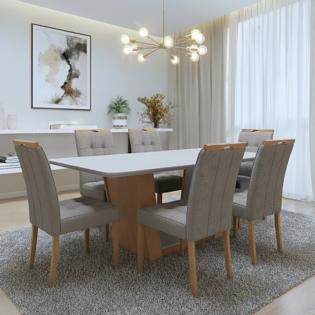 Mesa Apogeu (Tampo Maxi) 170 Amêndoa Clean/Off White com 6 Cadeiras Sophia Linho Cinza Grafite 206 – LOPAS + WM DECOR