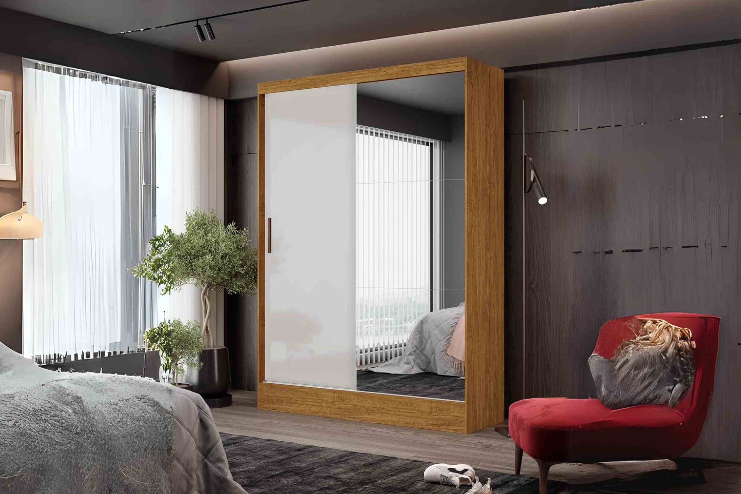 Guarda-Roupa Santiago c/ espelho 2 Portas e 2 Gavetas – Cinamomo/Branco