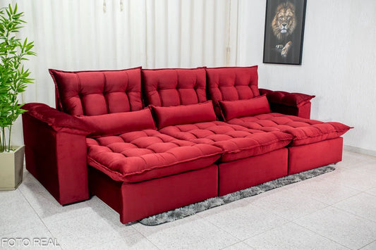 Sofá Retrátil Reclinável Kapri 3.20 Veludo Bordô 534 - Molas Bonnel e Poliéster Siliconado - Móveis furniture