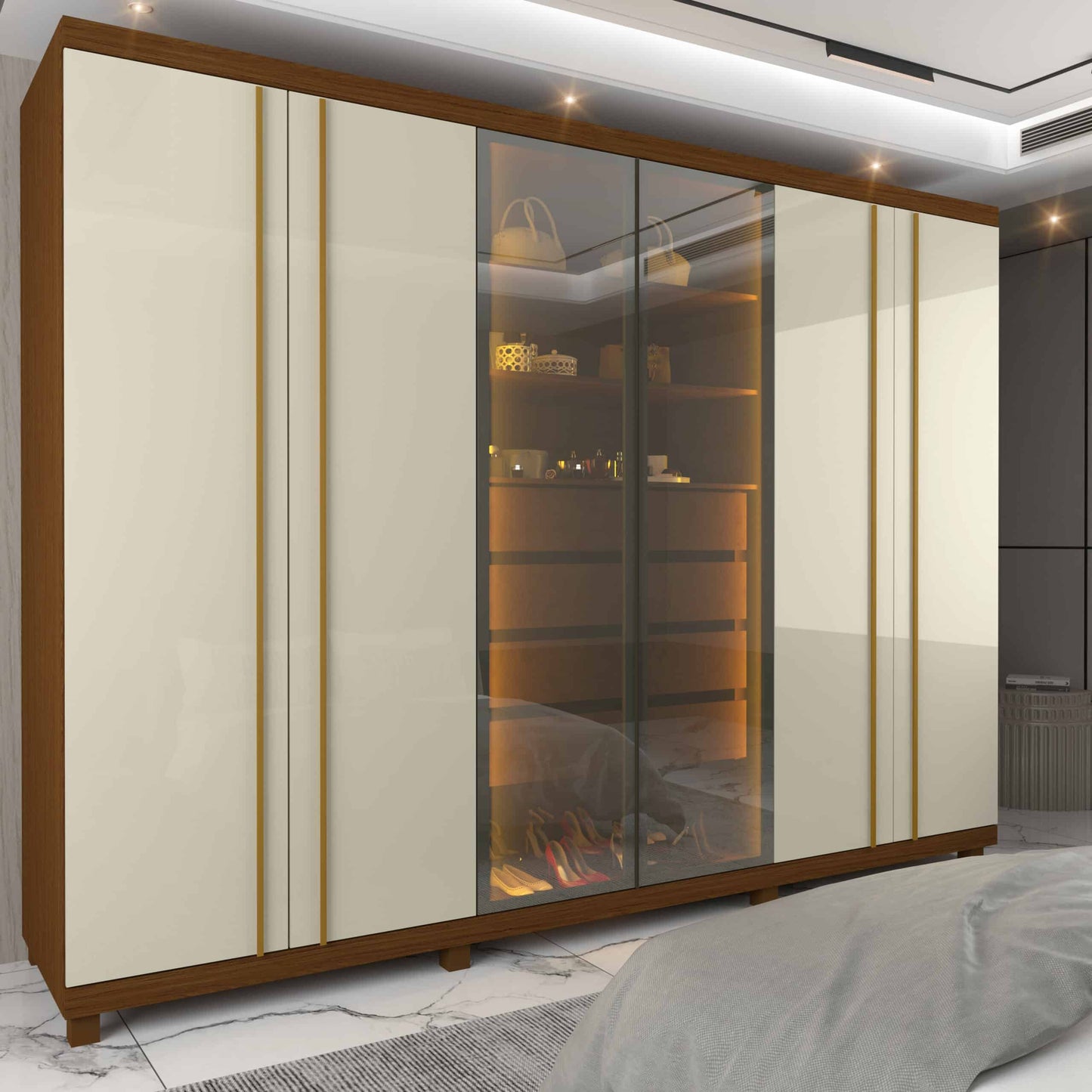 Roupeiro Absolut New 6P sendo 2P Reflecta com LED e Pes Castanho.Off white Gelius - Móveis furniture