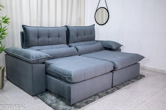 Sofá Retrátil Reclinável 2.50m Lenon Veludo Cinza - D28 Soft e Molas Ensacadas - Móveis furniture