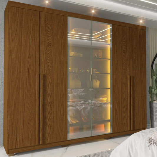 Roupeiro Imperatriz 6P sendo 2 Portas Vidro Reflecta com LED e Pes Castanho Gelius - Móveis furniture