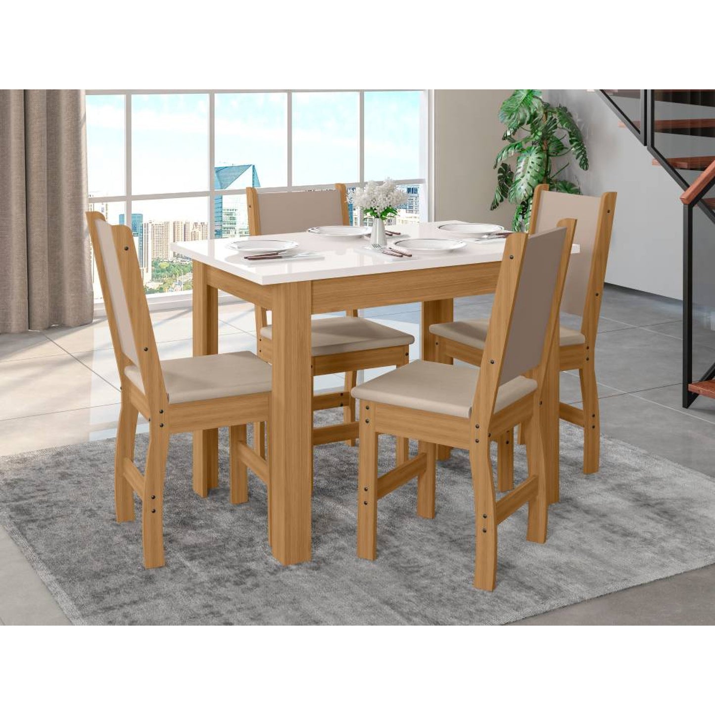 Mesa de Jantar Bellagio 108x68 Carvalho Tampo Off 4 Cadeiras Clara Assento Savana Poliman - Móveis furniture
