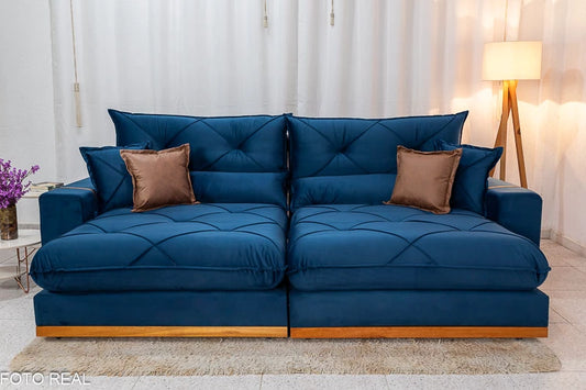Sofá Retrátil Reclinável Gran Bello Veludo Azul Larg. 2.90m - D33 e Molas Ensacadas