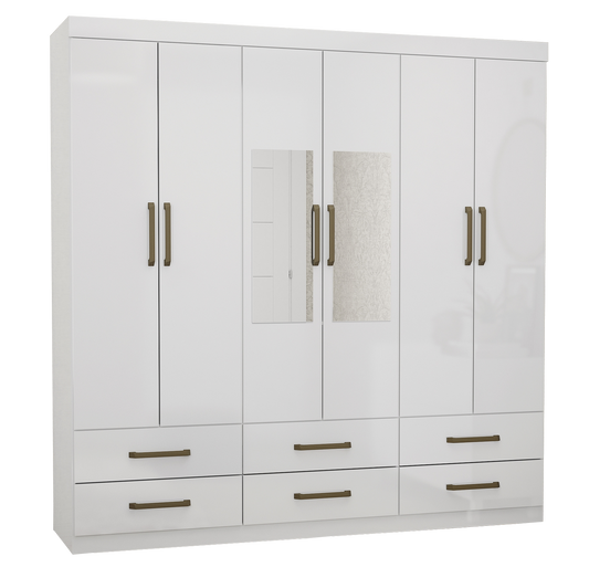 Guarda-Roupa 6 Portas(Com Espelho/Sem Pés)Dallas 1,53 m Branco – CARIOCA MÓVEIS