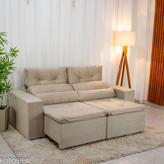 Sofá Retrátil Reclinável Bia 1.95m Veludo Bege - D28