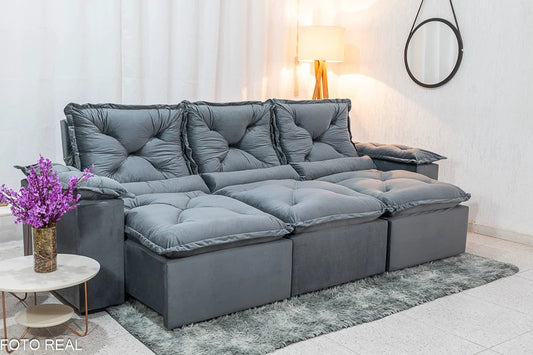 Sofá Retrátil Reclinável 2.70m Texas Veludo Cinza - Móveis furniture