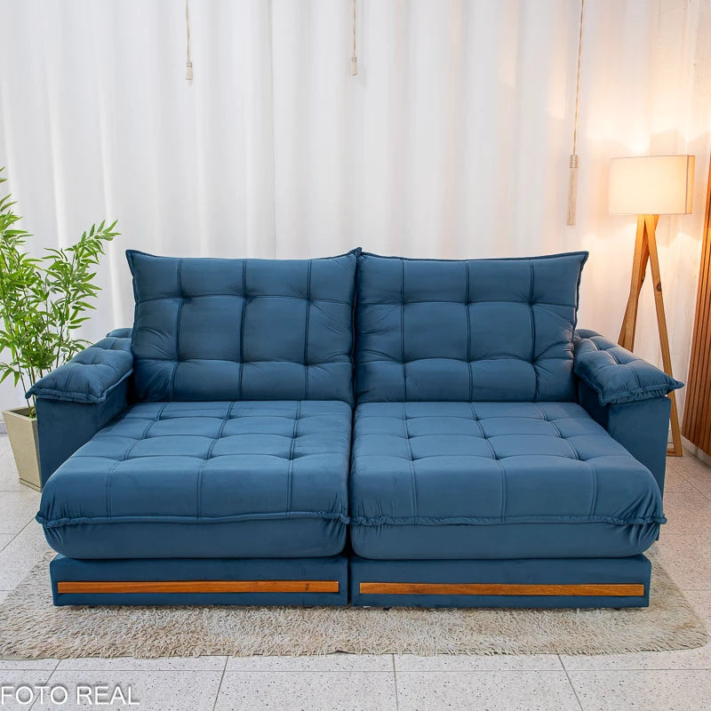Sofá Retrátil Reclinável Barcelona 2.30m Veludo Azul - D33 e Molas Ensacadas