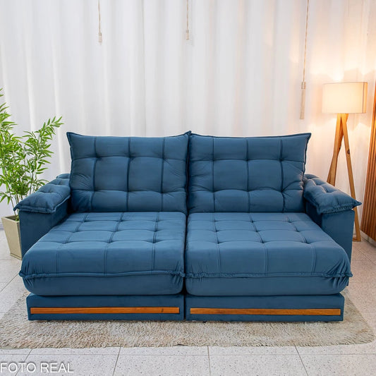 Sofá Retrátil Reclinável Barcelona 2.30m Veludo Azul - D33 e Molas Ensacadas