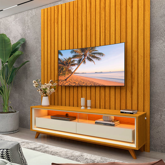 Conjunto Painel Nobre 140 Naturale e Rack Requinte 128 Pes Madeira Naturale.Off White Gelius - Móveis furniture