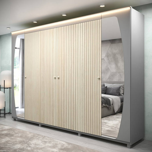 Roupeiro Inovacao 6P com Espelho e LED Pes Cinza.Off White Ripado Gelius - Móveis furniture