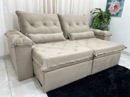 Sofá Retrátil Reclinável Valência 2.50m – Bege Veludo - Móveis furniture