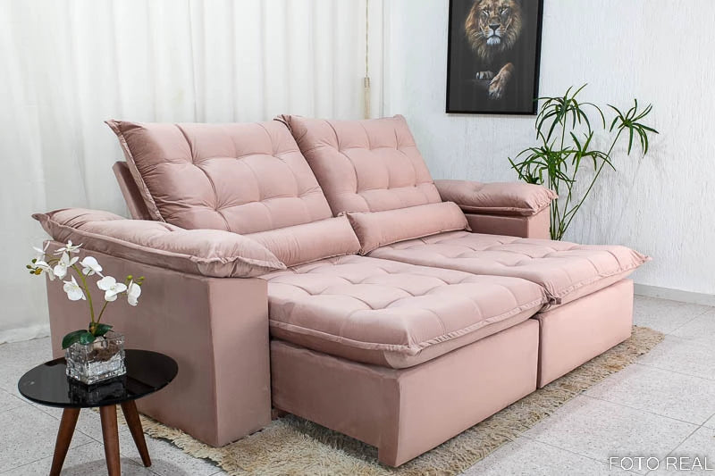 Sofá Retrátil Reclinável 2.90m Emanuelly Veludo Rose - Móveis furniture