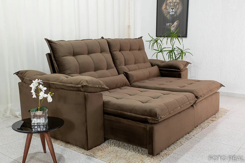 Sofá Retrátil Reclinável 2.90m Emanuelly Veludo Rose - Móveis furniture