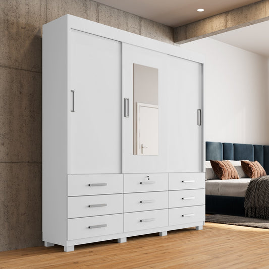 Guarda-Roupa Itapema  3 portas de correr com espelho 9 gavetas – Branco