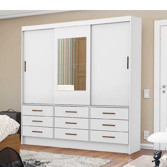 Roupeiro Sevilha 3 Portas 9 Gavetas C/Espelho Larg. 1.62m Branco - Móveis furniture